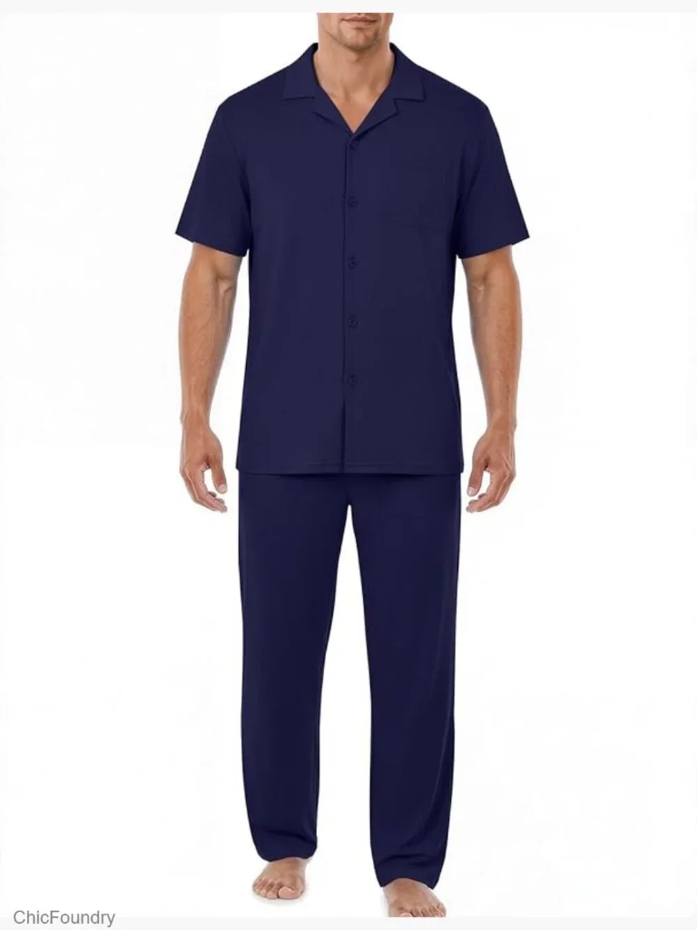 Mens Pajama Set Short Sleeve Button Down Sleepwear Long Pant Lounge Set with